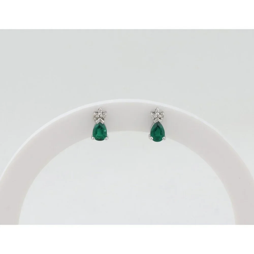 14k White Gold Lab Created Emerald & Diamond Earrings Stud Post Earrings 3/8" - Picture 3 of 9